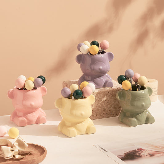 Cute Bear Fruit Fork Set Ceramic Jar 6pcs Dessert Picks Reusable