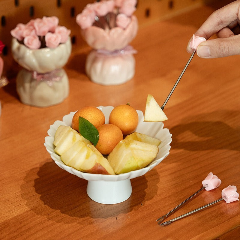 Rose Bouquet Fruit Fork Set Pink Cute Dessert Food Picks Reusable
