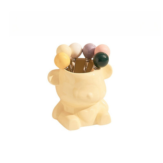 Cute Bear Fruit Fork Set Ceramic Jar 6pcs Dessert Picks Reusable