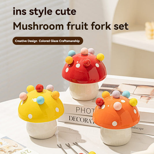 Mushroom Fruit Fork Set Ceramic Jar Orange Dessert Picks Cute