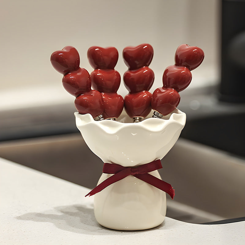 Heart Fruit Fork Set Ceramic Jar Cream Cute Dessert Picks